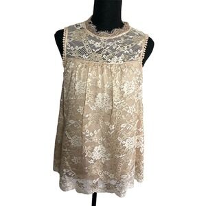 Altar'd State Lace Sleeveless Top Mock Neck Blouse Women's Beige Small S